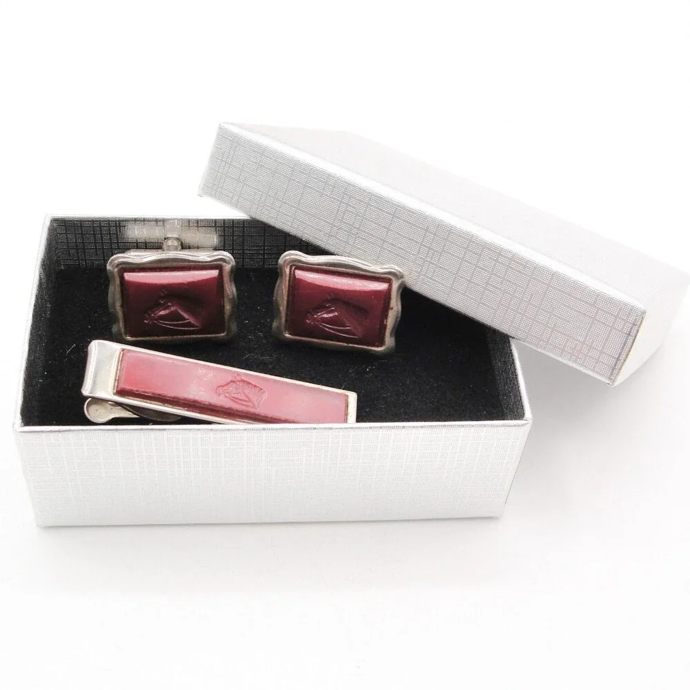 Vintage Silver Tone Red Lucite Horse Head Cufflinks Tie Bar Clip Set Equestrian